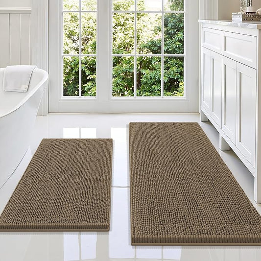 Smiry Chenille Bathroom Rugs Sets 2 Piece (47x20+30x20, Camel) | Soft Absorbent Machine Washable Non Slip Shaggy Bath Rug Set for Tub, Shower, and Floor, Home Decor