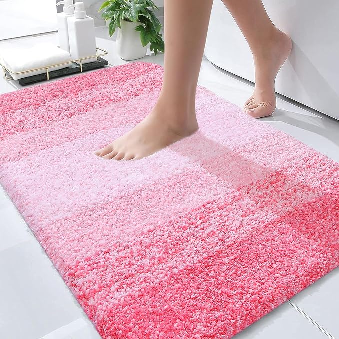 OLANLY Bathroom Rugs Mat 34x21, Extra Soft Absorbent Microfiber Bath Rugs | Pink, Non-Slip Quick-Drying Rubber Backing, Machine Washable Plush Bath Mat for Floor, Tub and Shower, Home Decor Accessories