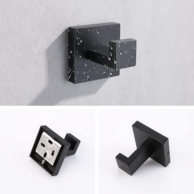 Wall Towel Hooks Matte Black Bathroom Bath Towel Hook Stainless Steel, Square Towel Robe Coat Hook Wall Mounted Toilet Kitchen Heavy Duty Door Hanger 4 Pack