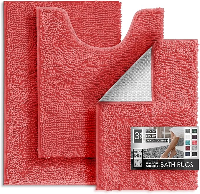 Hearth & Harbor Bathroom Rugs, Chenille Bath Mat - Machine Washable Bath Mats for Bathroom Non-Slip Backing Rubber, Quick Dry Mat - Rose Bath Rug, 17x24-20x32-20x24