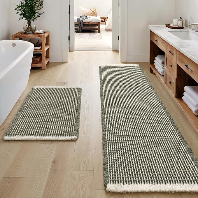 MIULEE Set of 2 Waffle Bathroom Rugs Green&Cream Bath Mat 17"x24"+20"x47" | Non Slip, Super Absorbent, Washable, Ultra Soft, Rubber Backed, Small Boho Bath Rug and Bathroom Runner for Floor Tub Shower