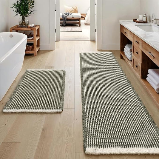 MIULEE Set of 2 Waffle Bathroom Rugs Green&Cream Bath Mat 17"x24"+20"x47" | Non Slip, Super Absorbent, Washable, Ultra Soft, Rubber Backed, Small Boho Bath Rug and Bathroom Runner for Floor Tub Shower