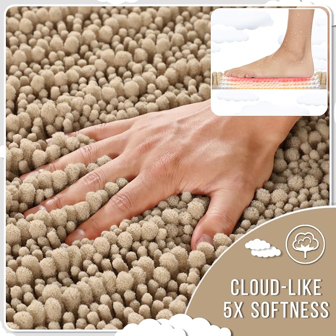 Yimobra Bathroom Rugs Sets 2 Piece - Quick Dry Extra Thick Luxury Chenille Bath Mat, Non Slip Super Absorbent for Tub Shower Sink, Machine Washable Shaggy Floor Mat, 32"x20"+24"x17" Inch, Pale Khaki