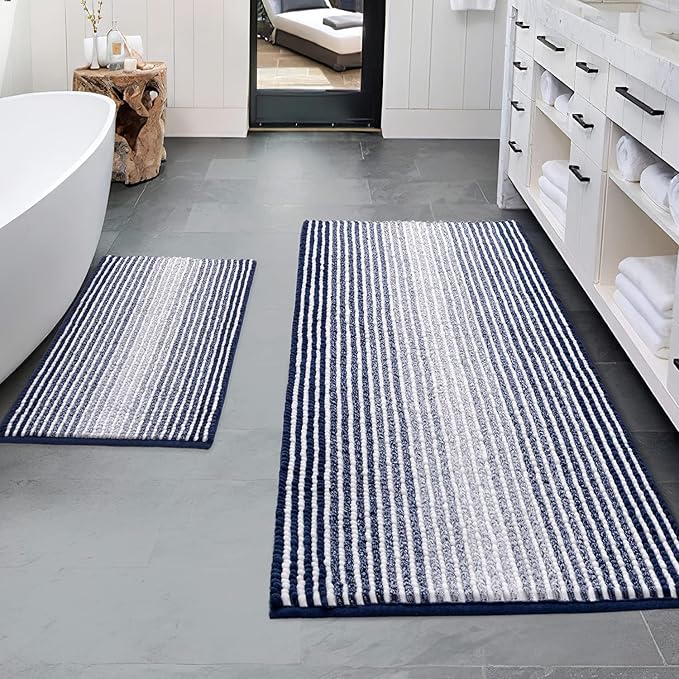 Bathroom Rugs Sets 2 Piece, Non Slip Striped Bath Mats, Navy | 20"x47" Plus 16"x24", Soft Absorbent Chenille, Quick Dry Machine Washable, Shower Rug for Bathroom Floor, Tub, Bedroom Decor