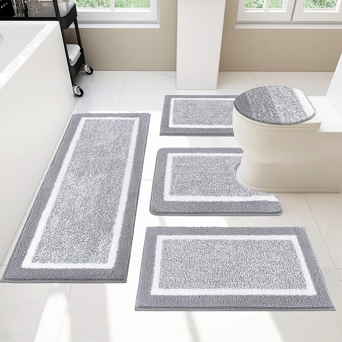Pauwer Bathroom Rugs Set 5 Piece, Non Slip Microfiber Bath Mat, Light Grey | Washable Bathroom Mat with U Shaped Toilet Rug, Long Shower Runner, Toilet Lid Cover, Quick Dry Absorbent Plush Floor Carpet