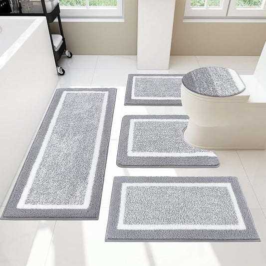 Pauwer Bathroom Rugs Set 5 Piece, Non Slip Microfiber Bath Mat, Light Grey | Washable Bathroom Mat with U Shaped Toilet Rug, Long Shower Runner, Toilet Lid Cover, Quick Dry Absorbent Plush Floor Carpet