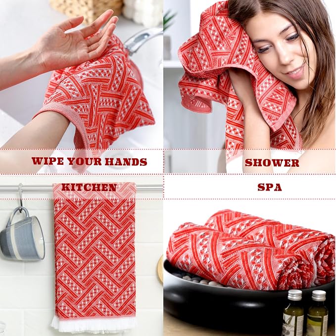 HunnmingRe 4 Pack Boho Hand Towel for Bathroom Kitchen 14x30 Inch 100% Turkish Cotton Summer Boho Decorative Towel Waffle Farmhouse Bathroom Decor Absorbent Soft Guest Gift(Red Orange,White)