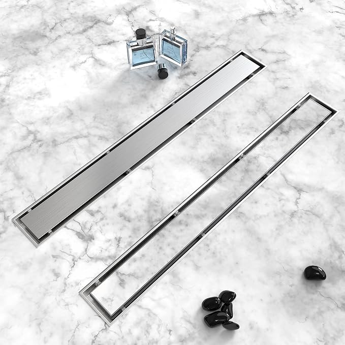 Shower Drain, 2 in 1 Linear Shower Drain 72 Inch(Brushed Nickel), 304 Stainless Steel Shower Floor Drain with Tile Insert Grate,Adjustable Feet,Hair Filter