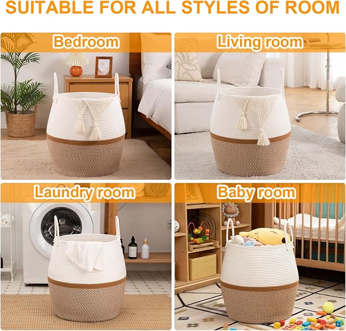 OIAHOMY 80L Blanket Basket with Handle, Storage Basket for Living Room, Laundry Hamper for Clothes, Towels, Pillows, Toy Storage for Kids and Dogs, Baby Hamper for Nursery - Brown & White