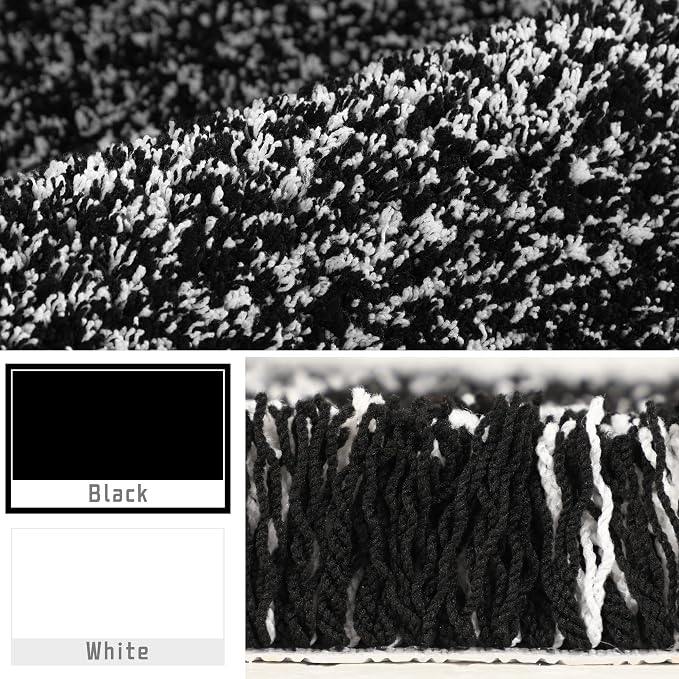 Yimobra Toilet Rugs U Shaped Washable 24X20, Ultra Soft and Water Absorbent Bath Mats, Non Slip Fluffy Shaggy Luxury Microfiber Contour Bath Rugs for Toilet, Dry Quick, Black and White