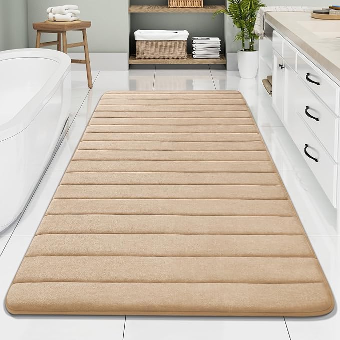 Buganda Memory Foam Bath Mat 70 x 34, Ultra Soft Absorbent Bathroom Rugs | Camel, Machine Washable Quick Dry Bath Mats for Bathroom Floor, Shower and Tub, Home Decor Accessories