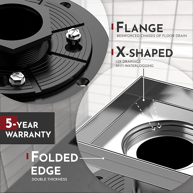 WEBANG 6 Inch Square Shower Drain Brushed Floor Drain with Flange Square Holes Pattern Cover Grate Removable SUS304 Stainless Steel Watermark&CUPC Certified Brushed