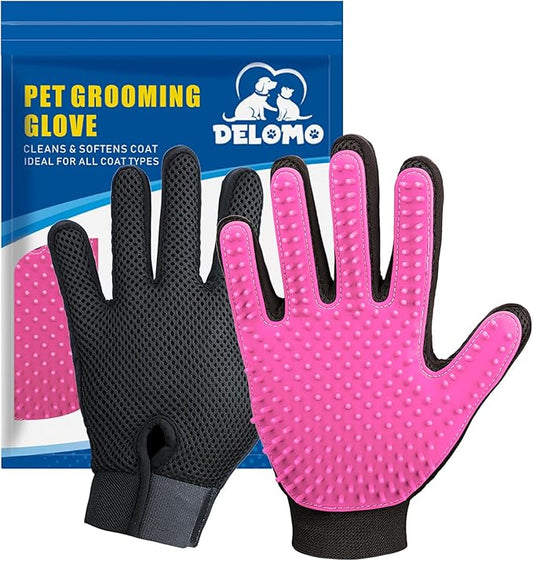 Pet Hair Removal Glove with 255 Silicone Tips for Dogs & Cats, 1 Pair Pink | 2-in-1 Deshedding & Massage Mitt, 5-Finger Flexible Design, for Bathing & Grooming, Safe for Long/Short/Curly Hair Pets