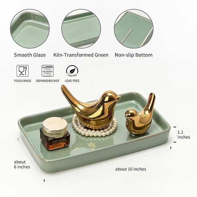10"×6"×1" Bathroom Vanity Tray for Countertop- Ceramic Decorative Organizer Tray for Dresser Tops, Toilet, Perfume, Sponge Holder Soap Dish Dispenser for Kitchen Counter- Kiln-Transformed Green
