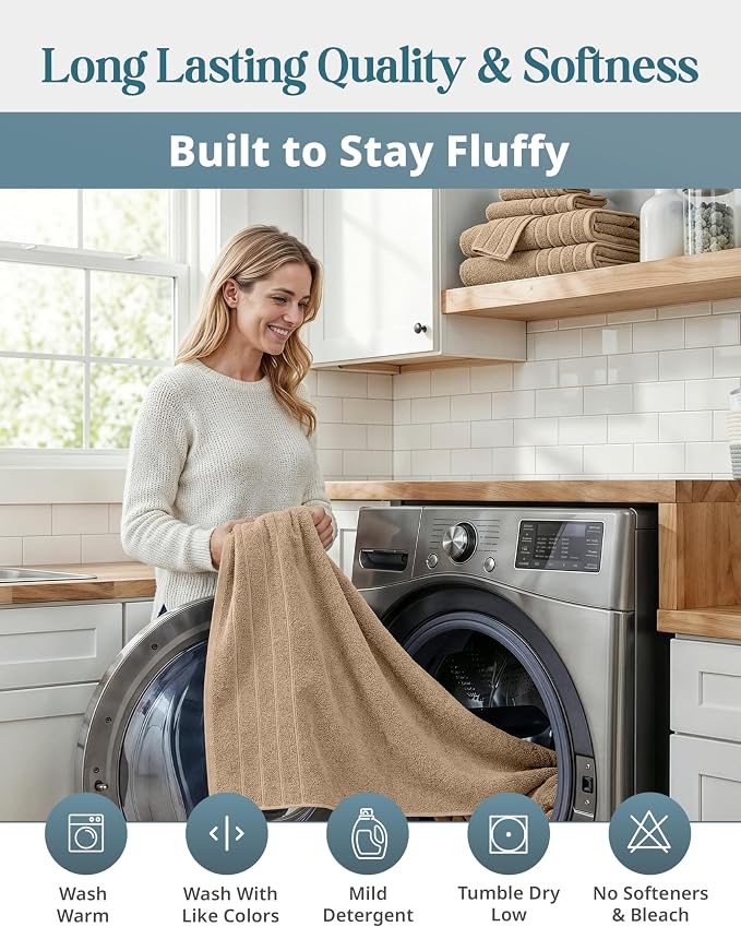 Casa Platino Large Bath Towel Set Absorbent Quick Dry 100% Cotton - Beige | Cotton Towels - Fade-Resistant Color, Classic Terry Weave, Densely Woven, Coordinated Colors, Dobby Border Accent