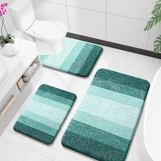 OLANLY Microfiber Bathroom Rugs Sets 3 Piece, 36"x24"+24"x16"+24"x20" | Blackish Green, Soft Absorbent Bath Mats and U-Shaped Contour Toilet Rug, Plush Shaggy Bath Mat Set for Bathroom