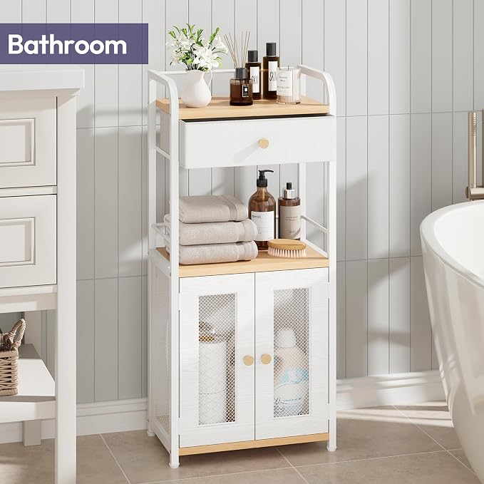 SWTYMIKI 14.57"x32.28" Bathroom Storage Cabinet – Freestanding Storage Cabinet with Doors and Drawer, Bathroom Organizers and Storage for Small Spaces – Ideal for Towels and Toiletries, Natural