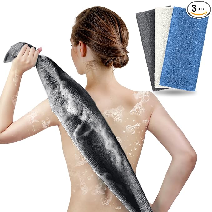 ARCH&M Exfoliating Back Washcloth & Body Scrubber, 3 Pack, 35-Inch | Japanese Washcloth, Exfoliation Shower Towel, Daily Use, Deep Cleansing, Nylon, Beauty Cloth For Smooth Skin