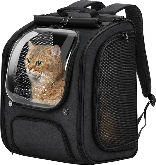 Pecute Cat Backpack Carrier,Large Space Dog Bubble Backpack,Ergonomic,Black | Bubble Transparent Window,Sunshade Curtain,Safety Rope,Sturdy,Large Mesh for Breathability,Suitable for Outdoor,Vet