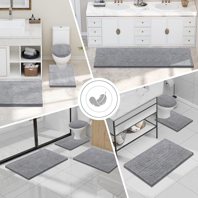 Smiry Chenille Bathroom Rugs Sets 2 Piece (30x20+ U Shape 24x20, Grey) | Soft Absorbent Machine Washable Non Slip Shaggy Bath Rug Set for Tub, Shower, and Floor, Home Decor
