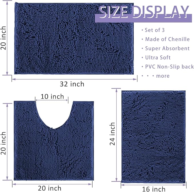 Indigo Blue Bathroom Rugs Non Slip Washable 3 Piece Extra Absorbent Shaggy Chenille and Mats Sets, Soft & Dry Bath Rug/Mat Sets for Carpets Set