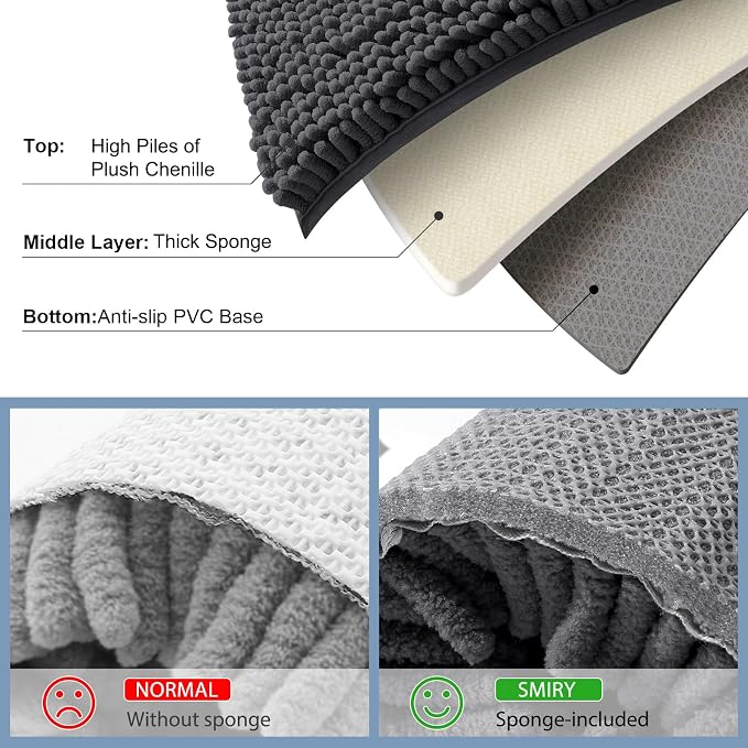 Smiry Chenille Bathroom Rugs Sets 2 Piece (59x20+24x16, Charcoal Grey) | Soft Absorbent Machine Washable Non Slip Shaggy Bath Rug Set for Tub, Shower, and Floor, Home Decor