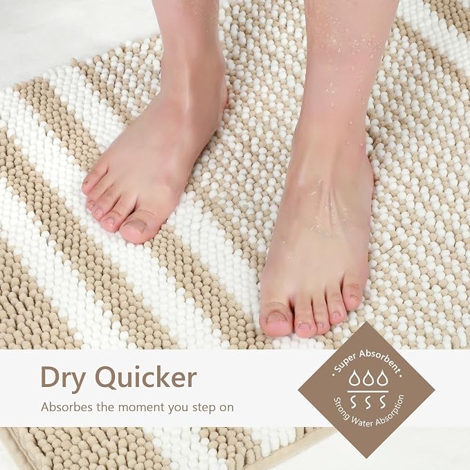 BSICPRO Bathroom Rugs Sets 2 Piece, Non Slip Striped Bath Mats, Khaki | 20"x32" Plus 16"x24"，Soft Absorbent Chenille, Quick Dry Machine Washable, Shower Rug for Bathroom Floor, Tub, Bedroom Decor