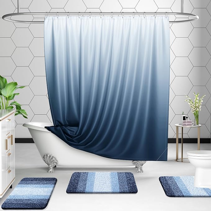 OLANLY Micorfiber Bathroom Rug Set 2 Piece, 24"x16"+U-Shaped 24"x20" | Navy, Soft Absorbent Bath Mats and Contour Toilet Rug, Non-Slip, Machine Wash Dry, Plush Shaggy Bath Mats for Bathroom