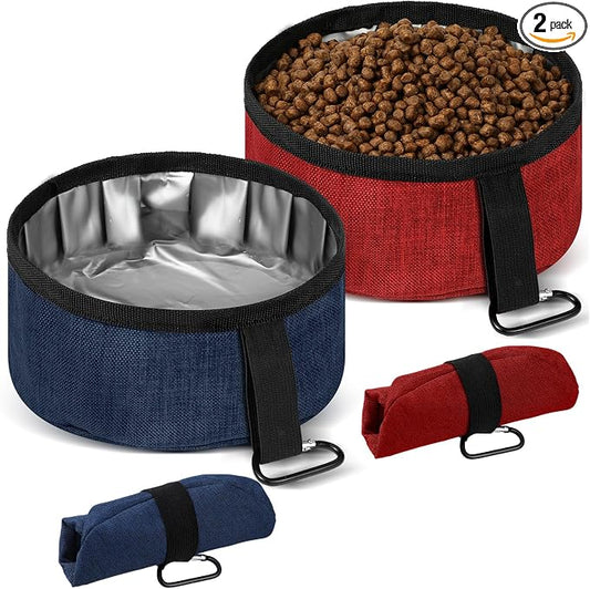 2 Pack Portable Travel Dog Bowls Foldable,Dark Blue, Red,40 Oz | Collapsible Travel Dog Dish for Hiking, Waterproof Liner, Includes 2 Carabiner Clips, Fits Small to Large Pets
