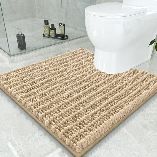 Smiry Bathroom Toilet Rugs U Shaped 24x24, Chenille Bath mats for Toilet | Beige Extra Soft Absorbent Non Slip Rubber Backing Contour Bath Rugs for Toilet, Machine Washable Contoured Bath Mats