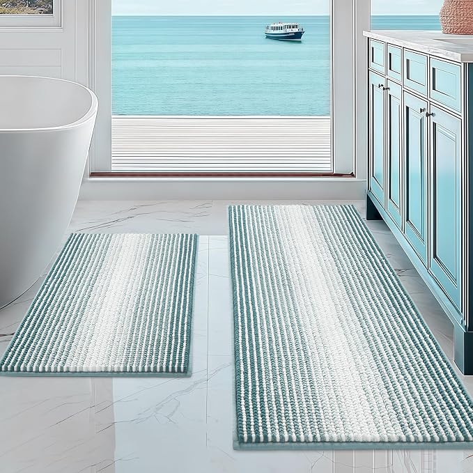 Bathroom Rugs Sets 2 Piece, Non Slip Striped Bath Mats, Sea Green | 20"x47" Plus 16"x24", Soft Absorbent Chenille, Quick Dry Machine Washable, Shower Rug for Bathroom Floor, Tub, Bedroom Decor