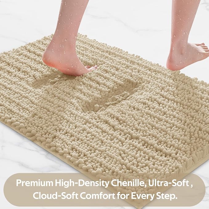 ACCUMTEK Upgrade Luxury 2 Piece Beige Toilet Bathroom Rug Mat 48"x20"+24"x17", Ultra Soft Thick Absorbent Bath Mats, Non Slip Chenille Toilet Mat for Bathroom, Bedroom, Kitchen, Shower, Tub