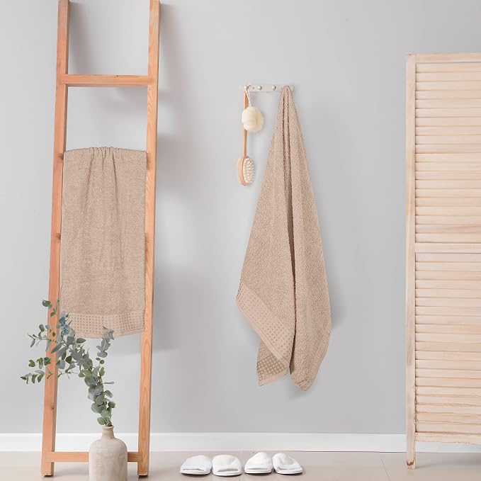 GLAMBURG 100% Cotton 2 Pack Oversized Bath Towel Set 28x55 Inches, Ultra Soft Highly Absorbant Compact Quickdry & Lightweight Large Bath Towels, Ideal for Gym Travel Camp Pool - Tan