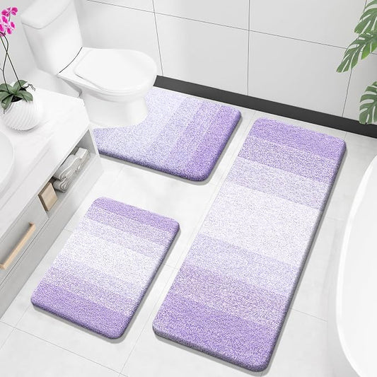 OLANLY Microfiber Bathroom Rugs Sets 3 Piece, 47"x20"+24"x16"+24"x20" | Light Purple, Soft Absorbent Bath Mats and U-Shaped Contour Toilet Rug, Plush Shaggy Bath Mat Set for Bathroom