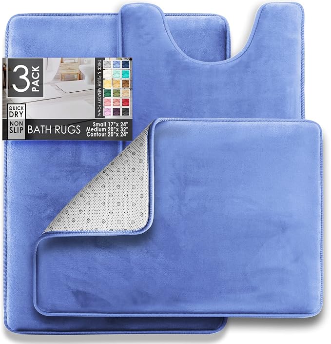 Clara Clark 3 Piece Bathroom Rugs Bath Mat Set, Velvet Memory Foam Bath Mats for Bathroom - Non-Slip, PVC Backing Bath Rugs, Washable - Dries Quickly, Blue