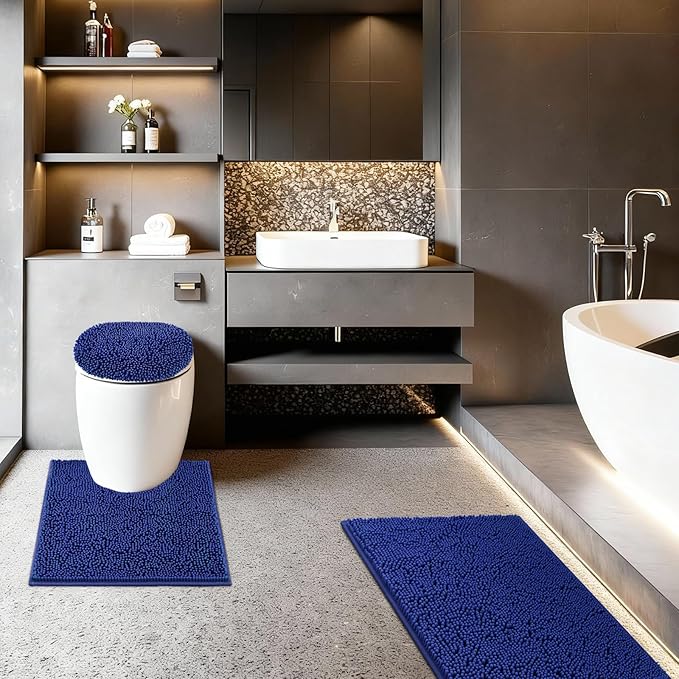 Bathroom Rugs Sets 3 Piece with Toilet Seat Cover 19.5"x 18.5" | Machine Washable Bath Rug Set with Tpr Non Slip Rubber Backing Solid Bath Mat Set for Luxury Bathroom Decoration