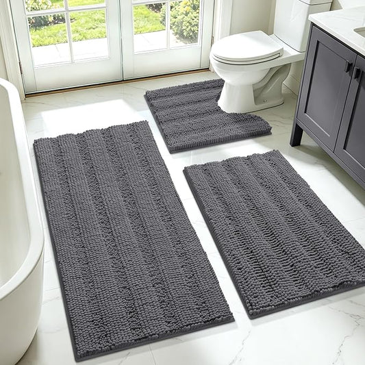 ACCUMTEK Striped Grey Bathroom Rug Set 3 Pieces Gray Ultra Soft, Non Slip Chenille Toilet Mat, Absorbent Plush Shaggy Bath Mats for Bathroom, Bedroom, Kitchen, Charcoal