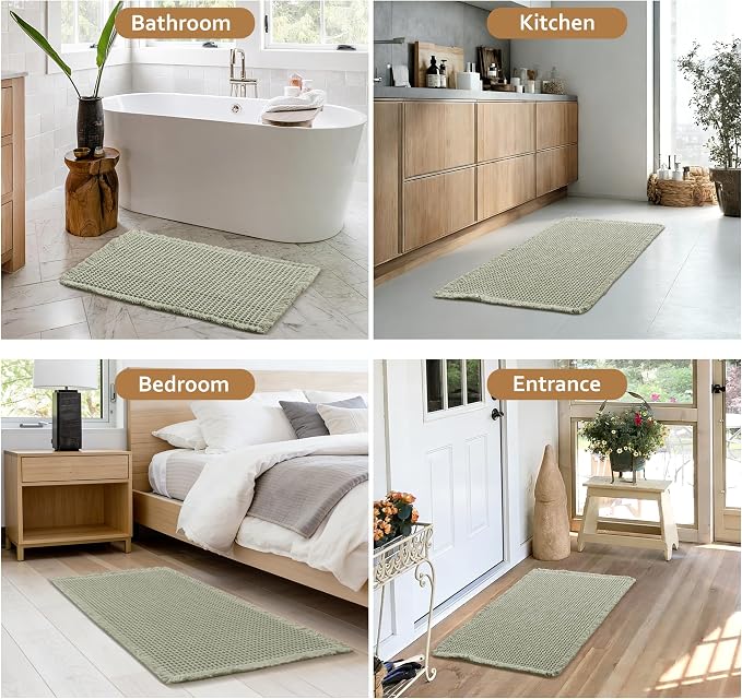 JIUZHEN Set of 2 Waffle Bath Mats Boho Bath Rugs 16x24&24x36, Sage Green | Non Slip, Super Absorbent, Washable, Ultra Soft, Fast Drying Waffle Bathroom Rugs for Bathroom Floor, Tub, Shower