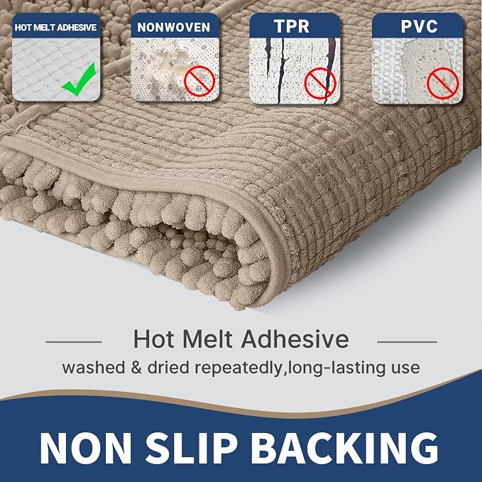 Yimobra Bathroom Rugs Sets 2 Piece - Quick Dry Extra Thick Luxury Chenille Bath Mat, Non Slip Super Absorbent for Tub Shower Sink, Machine Washable Shaggy Floor Mat, 24"x17+24"x20" Inch, Pale Khaki