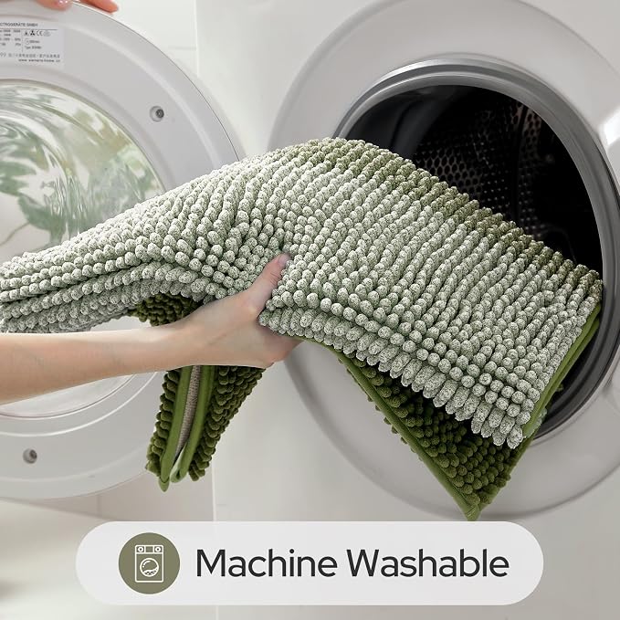 HOMEIDEAS Sage Green Bathroom Rugs Set, Striped Chenille, 20"x32"+17"x24" | Non Slip Absorbent Bath Mats, Fluffy Striped Chenille Soft Shaggy Bath Rugs for Bathroom Floor and Tub, Machine Washable