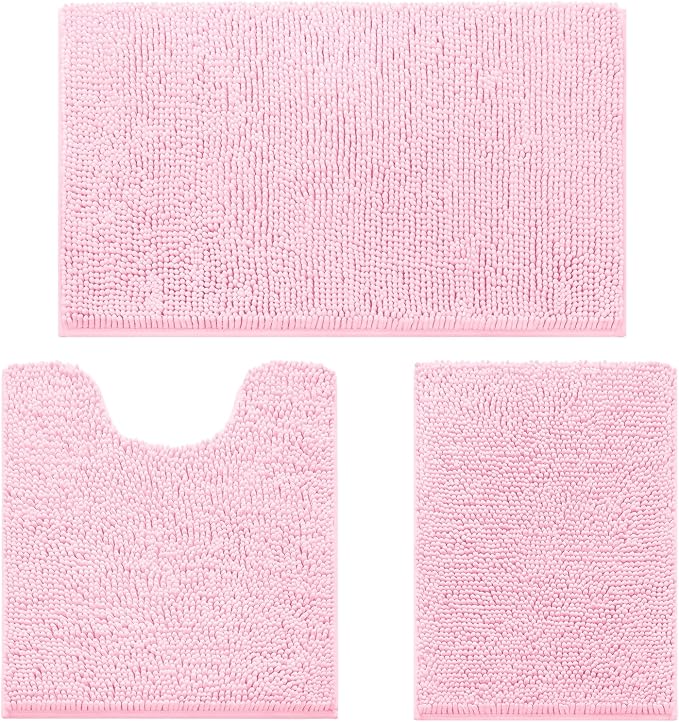 HOMEIDEAS Light Pink Chenille Bathroom Rugs Set of 3, Non Slip Bath Mat | Super Absorbent, Soft Microfiber, Machine Washable, Stain Resistant, for Bathroom Decor