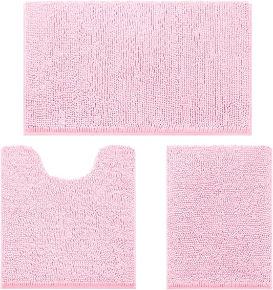HOMEIDEAS Light Pink Chenille Bathroom Rugs Set of 3, Non Slip Bath Mat | Super Absorbent, Soft Microfiber, Machine Washable, Stain Resistant, for Bathroom Decor
