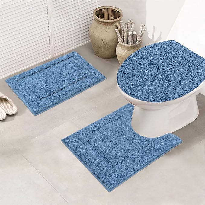 SHACOS Microfiber Small Bathroom Rugs Set of 3 Piece with Toilet Lid Cover | Non Slip Super Soft Absorbent 16"x24" Bath Mat U Shape Contour Mat Bathroom Carpet Machine Washable(Blue)