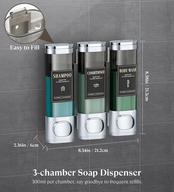 Luxspire Shampoo and Conditioner Dispenser, Shower Soap Dispenser 3-Chamber | Lockable Large Capacity 900ml No-Drill Wall-Mounted Shampoo and Body Wash Dispenser for Bathroom Hotel Kitchen Airbnb