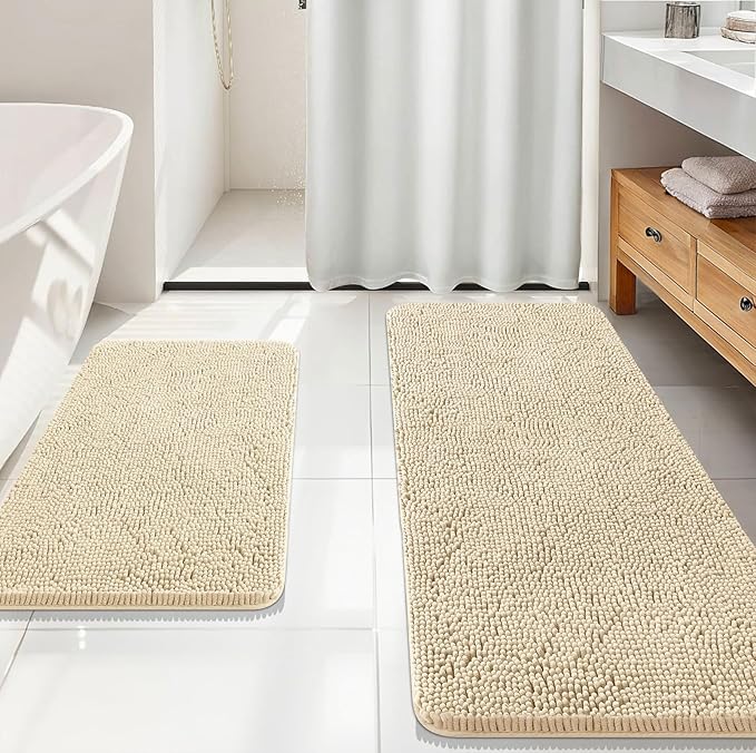 OLANLY Chenille Bathroom Rugs Mats Sets 2 Piece, 59"x20"+30"x20", Beige | Ultra Soft Absorbent Bath Rugs Set, Rubber Backing Non-Slip, Quick Dry, Machine Washable Bath Carpet, Home Decor Accessories