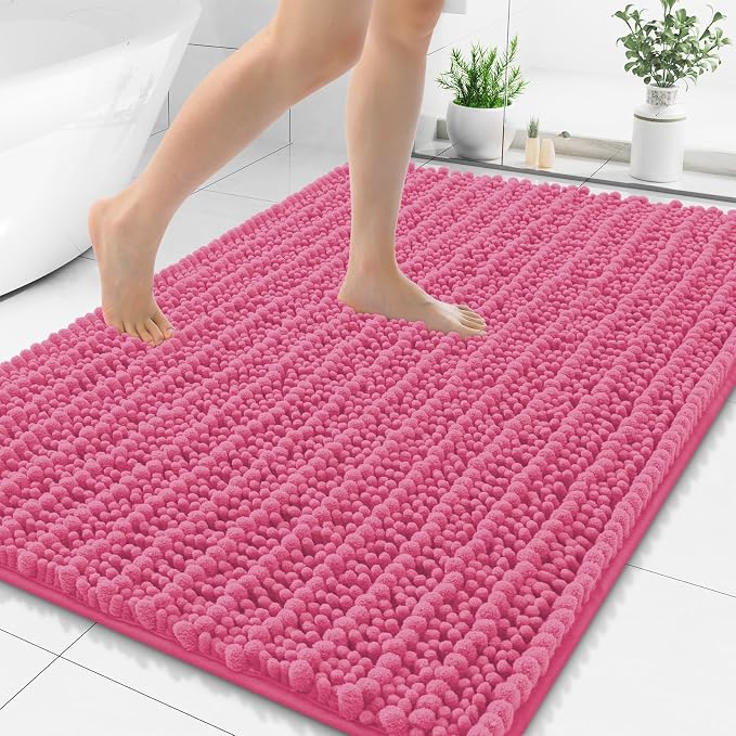 Smiry Bathroom Rugs 48X32, Extra Soft Rubber Backing Chenille Bath Mats | Hot Pink Machine Washable Non Slip Quick Dry Bath Mats for Bathroom Floor, Tub, Shower, Home Decor Accessories