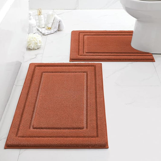 HOMEIDEAS Bathroom Rugs Sets 2 Piece, Super Soft and Absorbent Non Slip Microfiber U-Shaped Toilet Bath Mat Set (20"x32"+U20 x24, Burnt Orange) | Super Soft and Absorbent Non Slip Microfiber Bath Rug，Machine Washable, for Bathroom, 20"x32"+U Shape 20"x24"