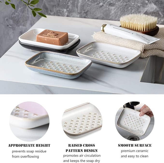 Gomakren Ceramic Soap Dish for Bar Soap 5.5in Cross Soap Saver Tray, Beige | Prevents soggy soap, non-slip bottom, easy to clean, bathroom soap holder, multi-use for sink shower, sponge butter & jewelry