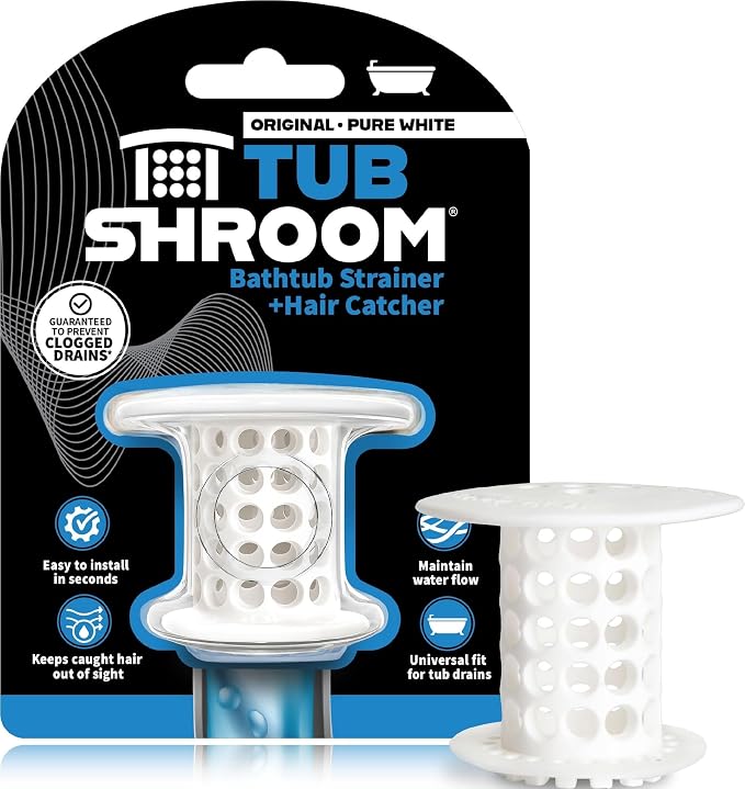 TubShroom Bathtub Drain Hair Catcher – In-Drain Tub Strainer & Clog Prevention Protector, Fits Standard 1.4”–1.75” Tub Drains, Easy Clean, Captures Human & Pet Hair out of Sight (White)