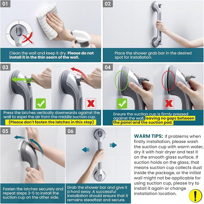 TAILI Shower Grab Bar 2 Pack 16 Inch Suction Grab Bars for Bathtubs & Showers, Heavy Duty Shower Handle Removable Shower Handrails for Elderly and Seniors, No Drilling Waterproof, Silver,G9